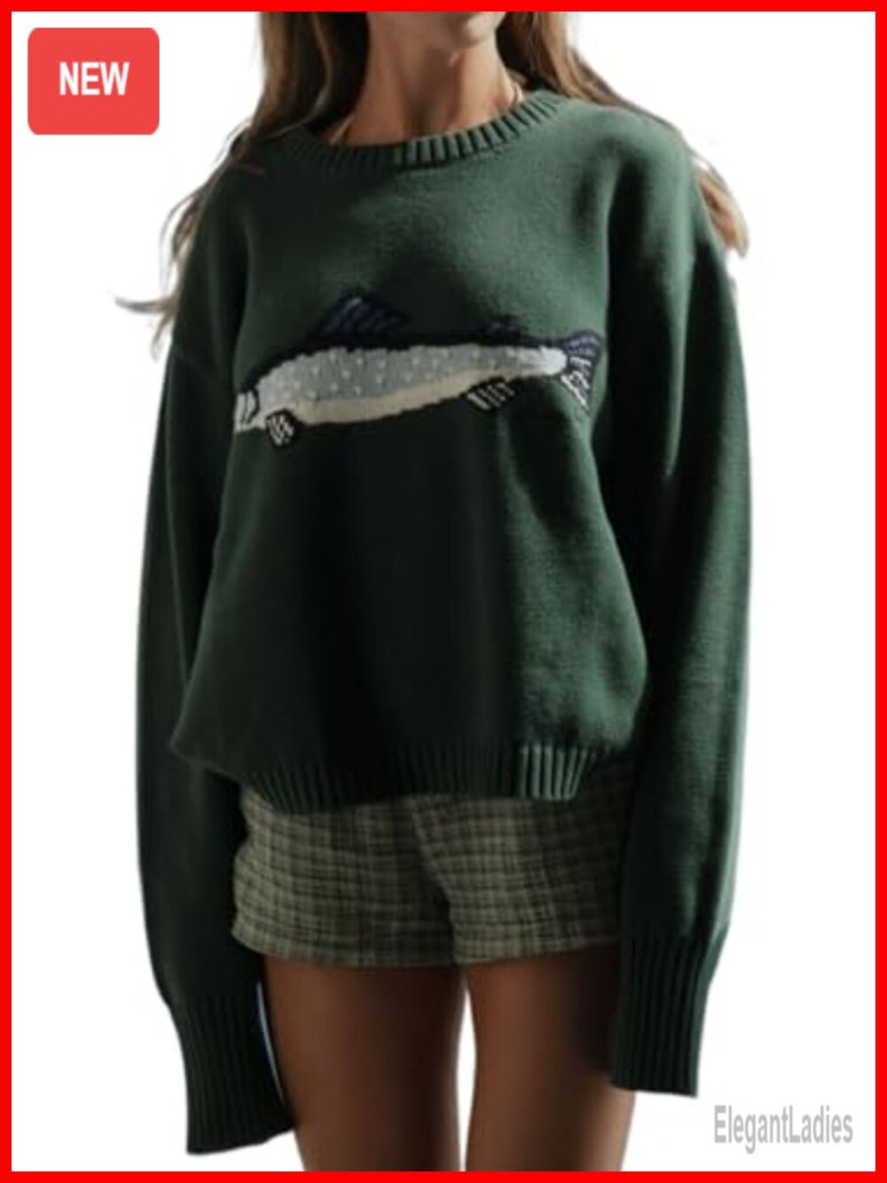 Y2K Fish Graphic Crochet Chunky Sweater Women Oversized Streetwear